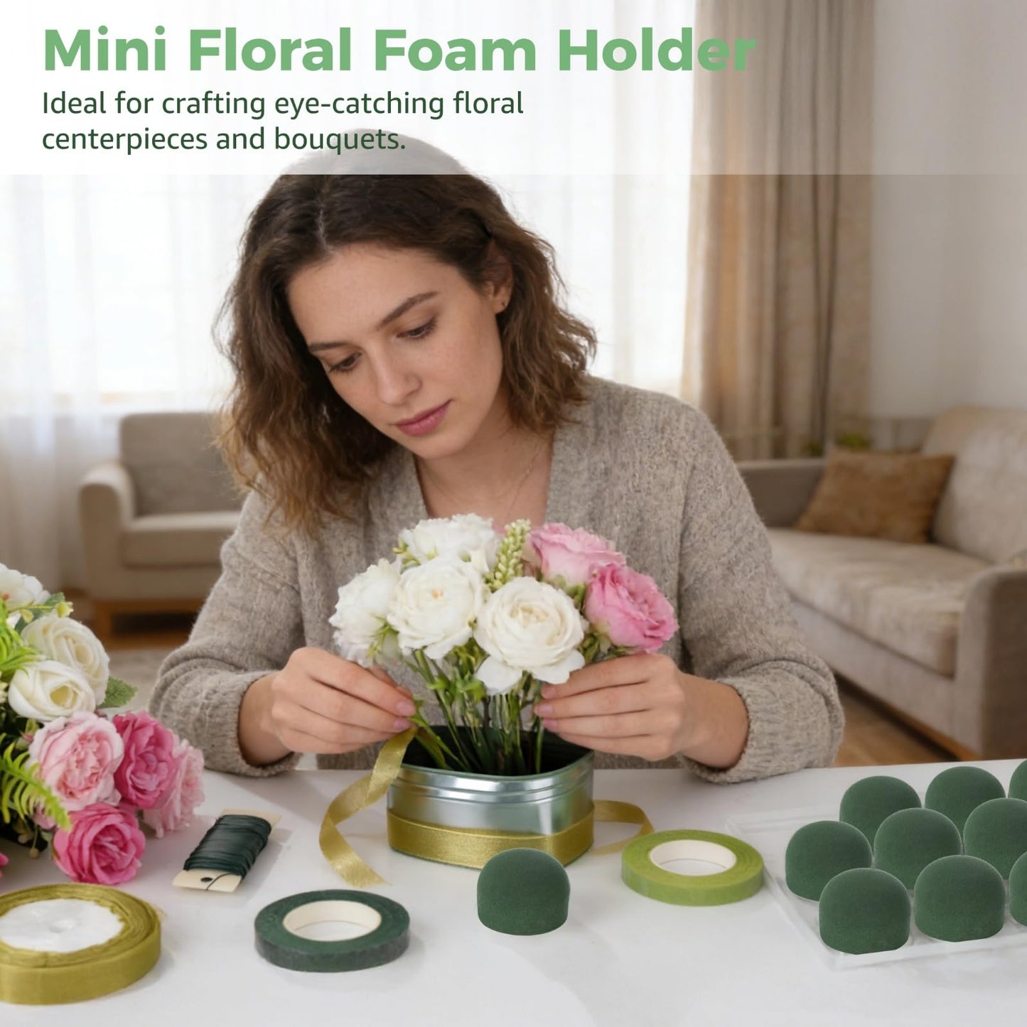 24 Pcs Mini Floral Foam Holder Set, Round Floral Foam Blocks with Florist Wire, Green Tape and Ribbon, Flower Arrangement Supplies for Wine Bottle Decor, DIY Craft