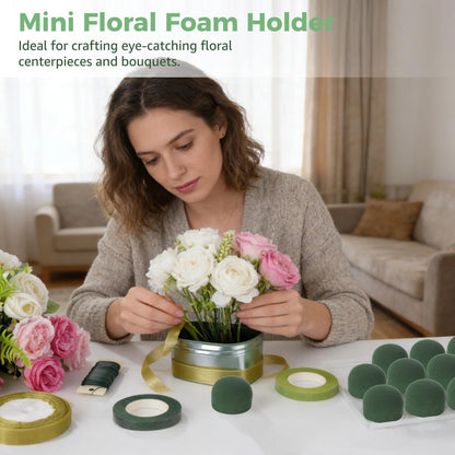 24 Pcs Mini Floral Foam Holder Set, Round Floral Foam Blocks with Florist Wire, Green Tape and Ribbon, Flower Arrangement Supplies for Wine Bottle Decor, DIY Craft