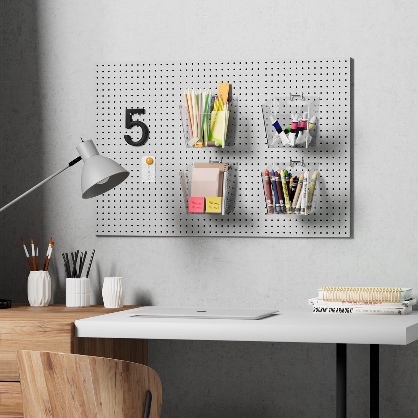 G.CORE Large Pegboard Cups Peg Board Storage Bin 6 Pack with Hooks, Square Box Shape Pegboard Cup Holder Accessories for Garage Workbench/Craft Room/Office/Playroom/Home Kitchen Organization (Clear)