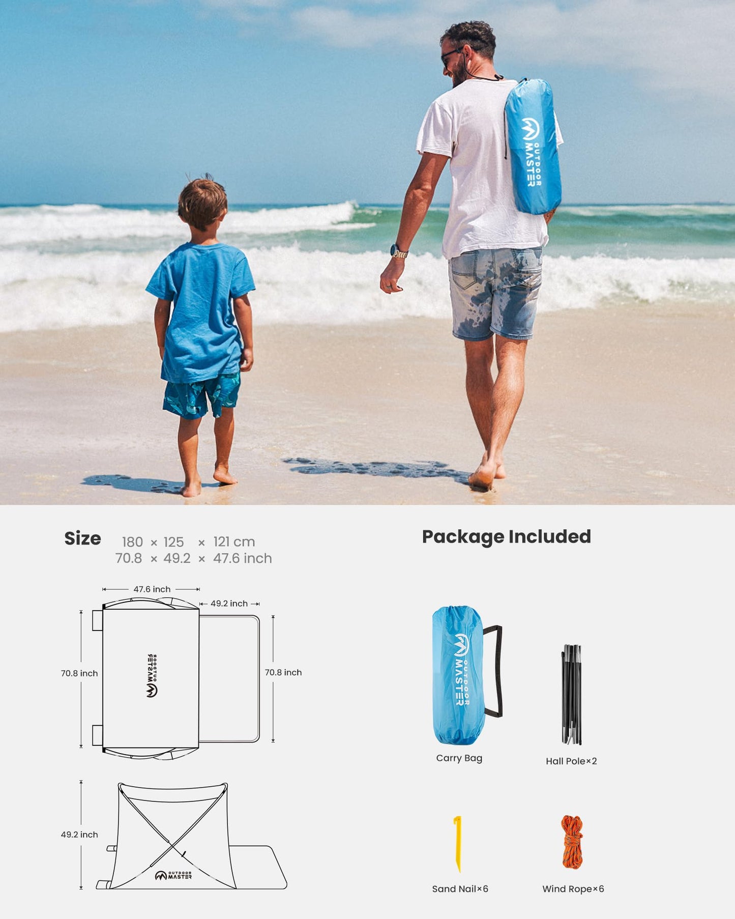 OutdoorMaster Beach Tent for 3-4 Person - Easy Setup and Portable Beach Shade Sun Shelter Canopy with UPF 50+ UV Protection Removable Skylight Family Size - Blue