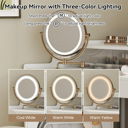 Merax Corner Vanity Desk with Mirror and Lights and Stool, White Makeup Vanity with Folding Mirror & Adjustable Light, Girl Glass Top Dressing Table with Side Storage Cabinet & Drawers for Bedroom