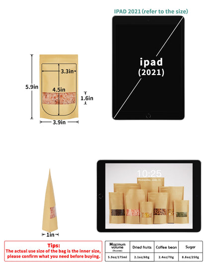 FireKylin 100 Pcs Brown Paper Bags with Window, 7.9" x 11.8" Stand Up Pouches Bags, Zipper Food Storage Bags for Packaging Products, Reusable, Sealable