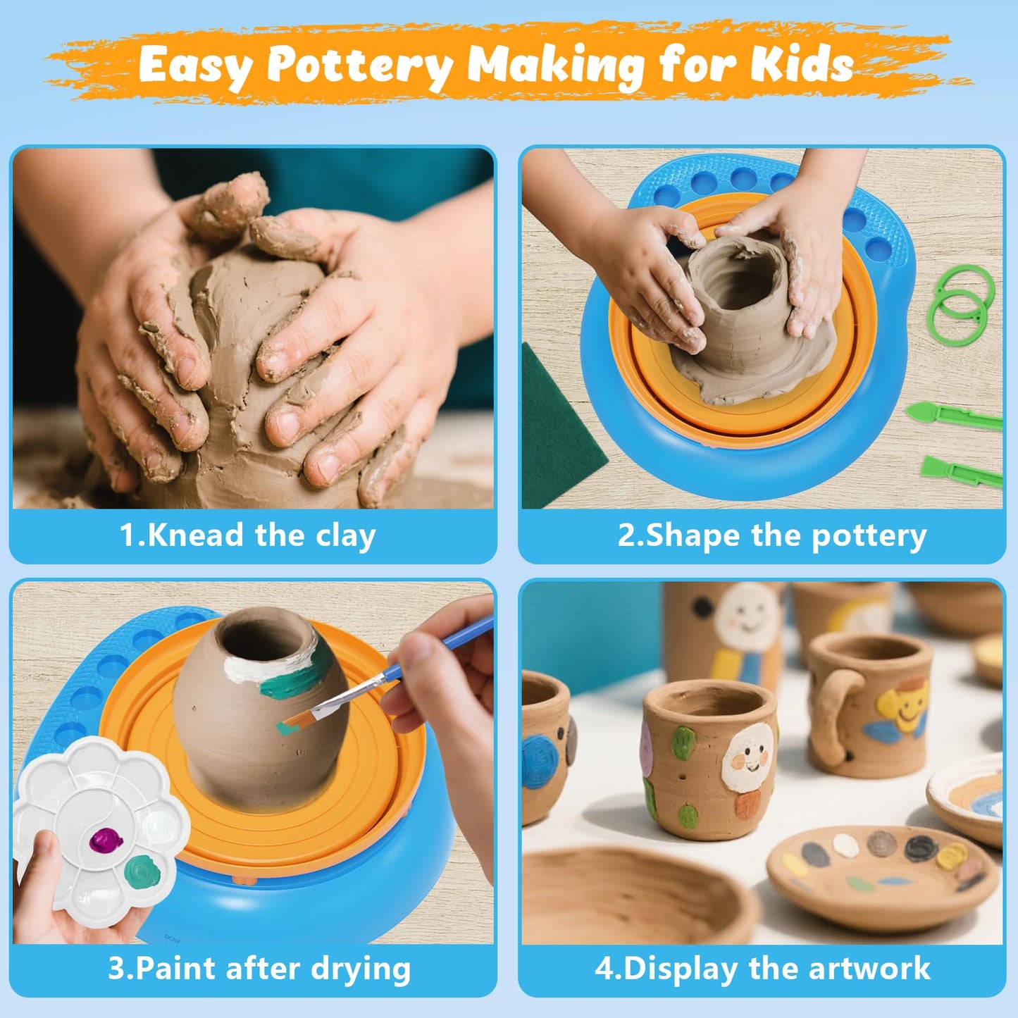 TingingYuli Pottery Wheel for Kids with Clay Kit - Arts and Crafts for Kids Ages 6-8 8-12, Complete Pottery Kit with Air Dry Clay and Painting Tools, Easter Christmas Birthday Gift for Boys Girls