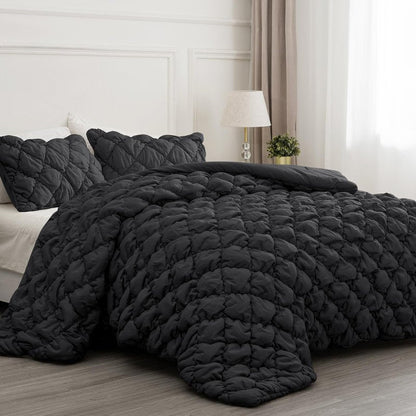 PHF Diamond Marshmallow Puff Comforter Set Queen Size, 3 Pieces Ultra Soft Lightweight Bedding Set for All Season, Pattern Textured 1 Comforter with 2 Pillow Shams, Black
