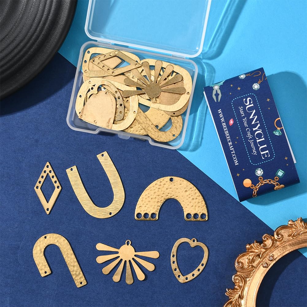 SUNNYCLUE 1 Box 24Pcs 12 Styles Filigree Jewelry Charms Jewelry Connector Link Charms Gold Brass Hollow Heart Rhombus Arch Sun Vintage Joiners Links Findings for Jewelry Necklaces Bracelets DIY Crafts