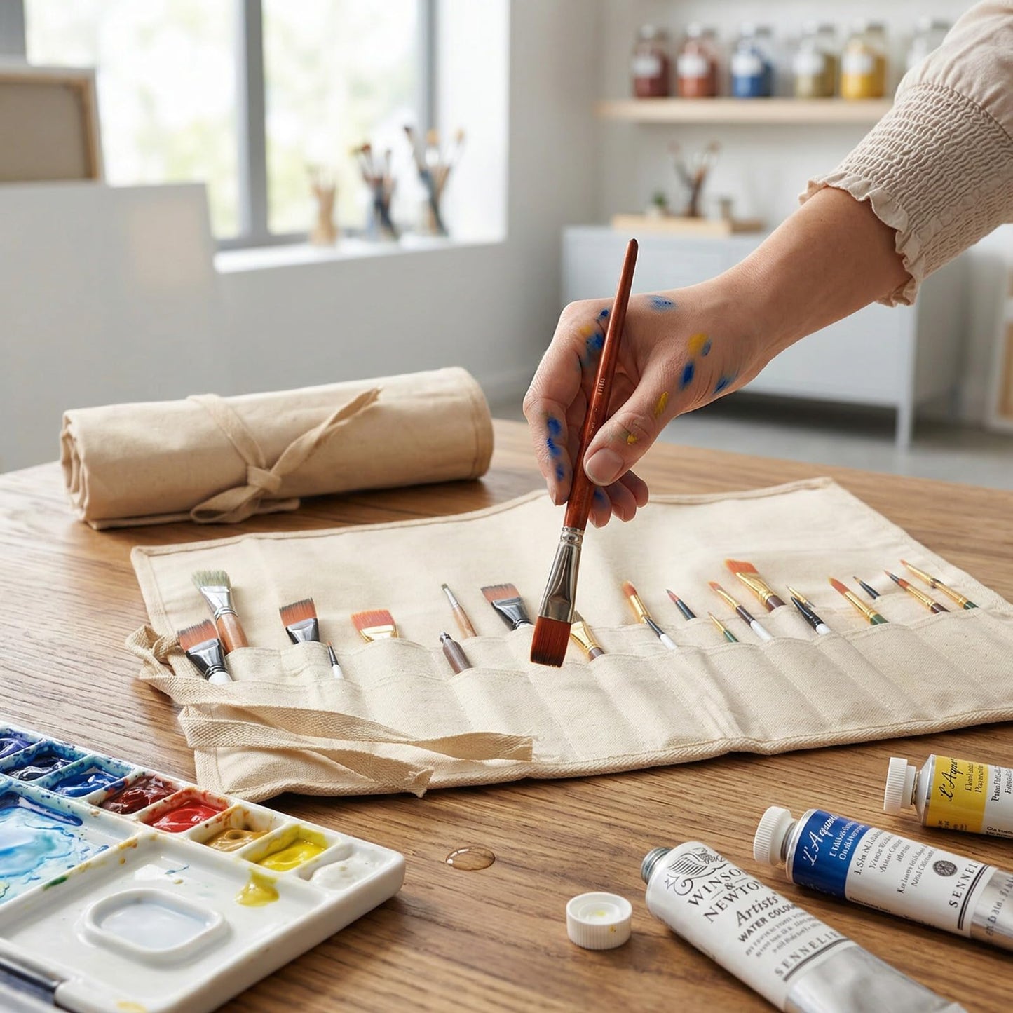 Liquidraw 30 Pocket Canvas Paint Brush Holder - Natural | 21" x 18" | Roll Up Brush Storage Pouch | Ideal Case for Paintbrush & Art Tool Storage | Easy to Carry | Also Great for Storing Makeup Brushes