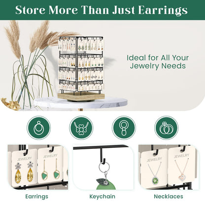 EsLuker.ly Rotating Earring Display Holder Stand for Vendors Events Selling, Large Capacity 64 Hooks Jewelry Rack with Wooden Base for Earring Card Sales, Enhances Retail Display Visibility