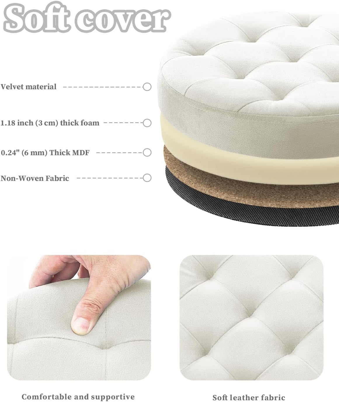 15Inch, Bsketa Folding Storage Ottoman Round Foot Stool with Thicker Foam Padded Seat Small Velvet Storage Ottoman