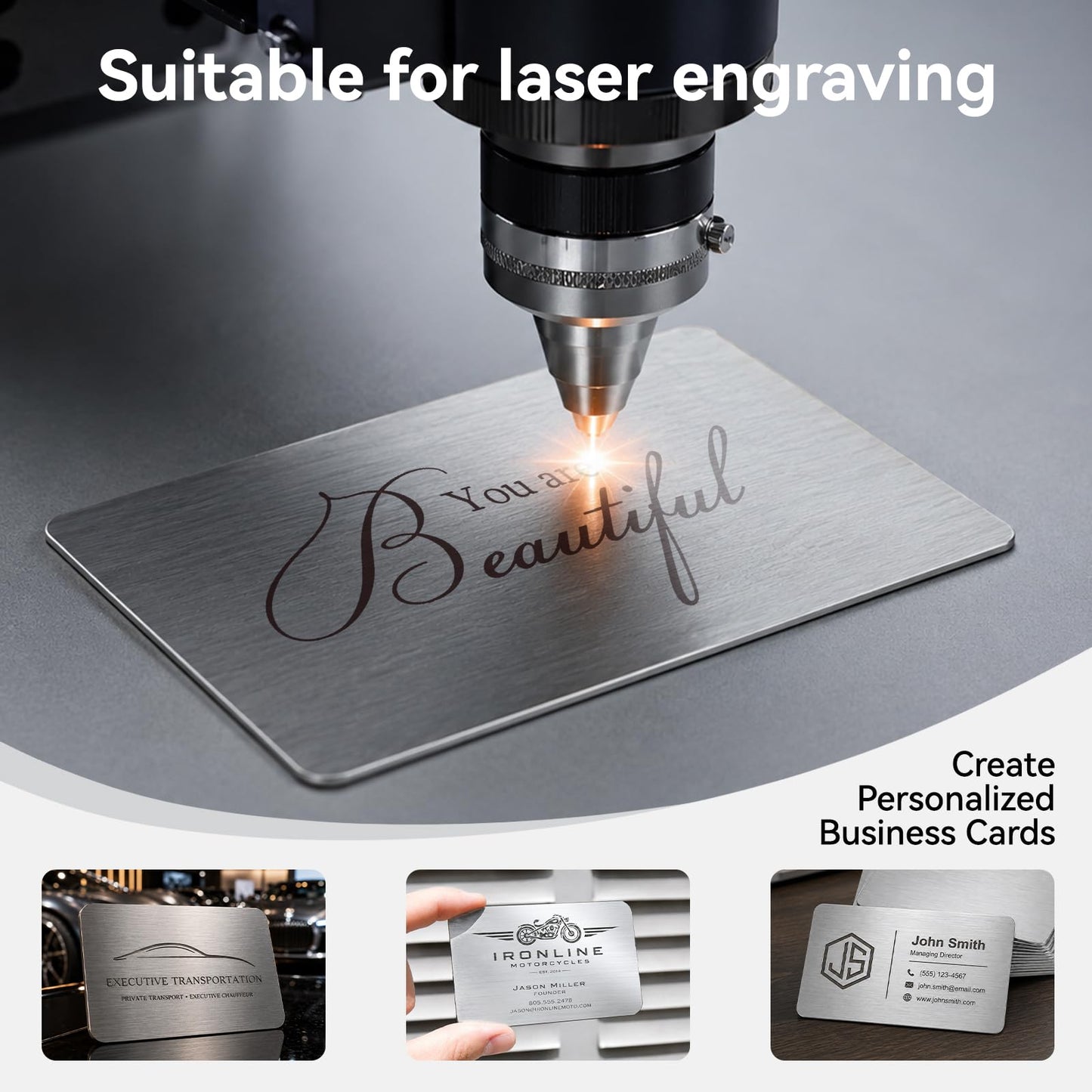 VMYTH 50 Pcs Stainless Steel Business Card Blanks w/Case, 3.4"x2.1" Thick 0.5mm Metal Business Cards for Laser Engraving (30 Standard, 20 Adhesive), Metal Business Card Blanks for House,Office,DIY