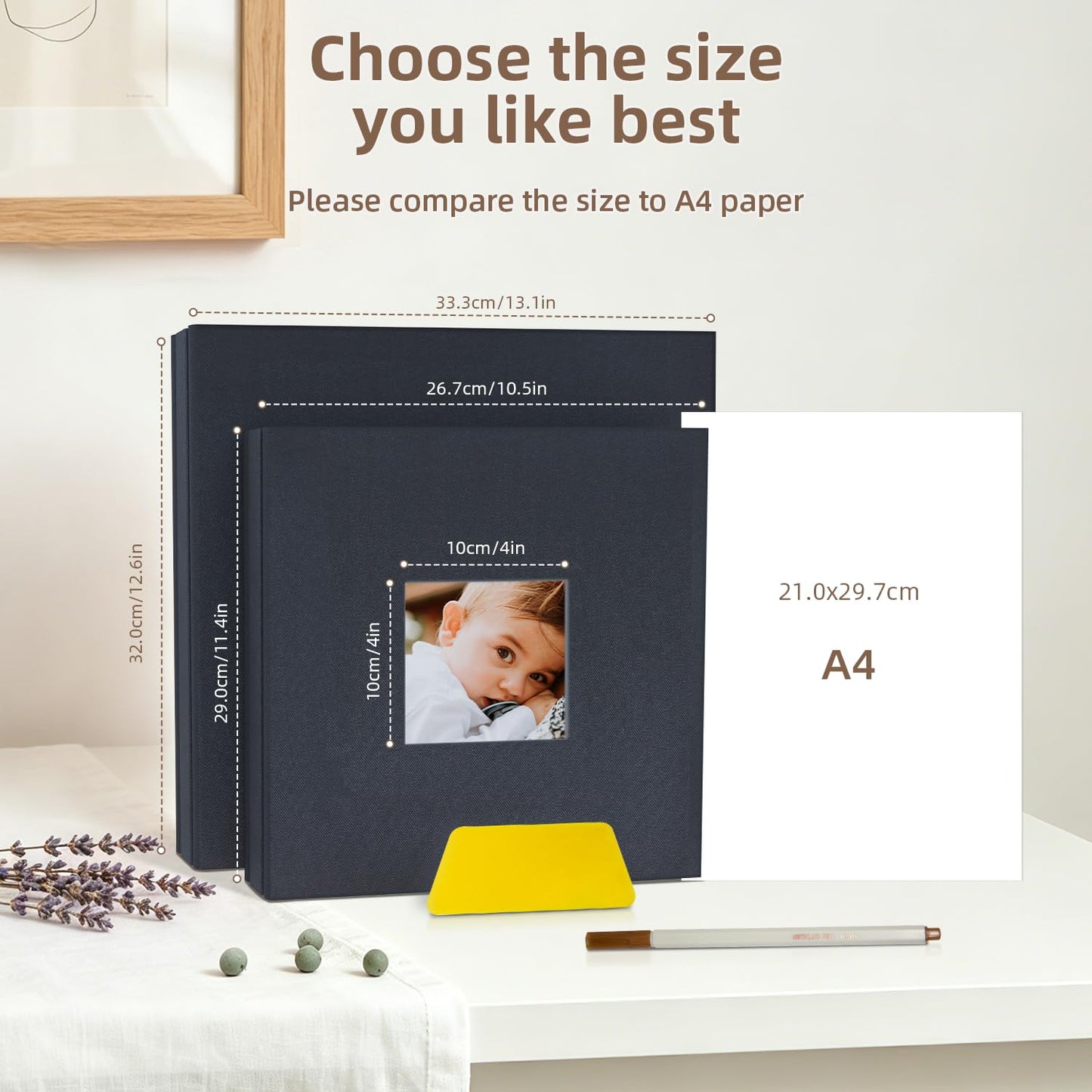 Popotop Photo Album Self Adhesive with Picture Display Window,40 Pages DIY Scrapbooking Supplies Kit for 4x6 8x10 Picture,Linen Cover Memory Book for Baby Wedding, with Scraper and Metallic Pen