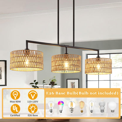 MRHYSWD 47" Hand Woven Rattan Chandeliers for Dining Room, 3-light Boho Linear Chandeliers Large Farmhouse Kitchen Island Lighting, Black Finish Pendant Light Fixtures Over Table, Bar, Living Room,E26