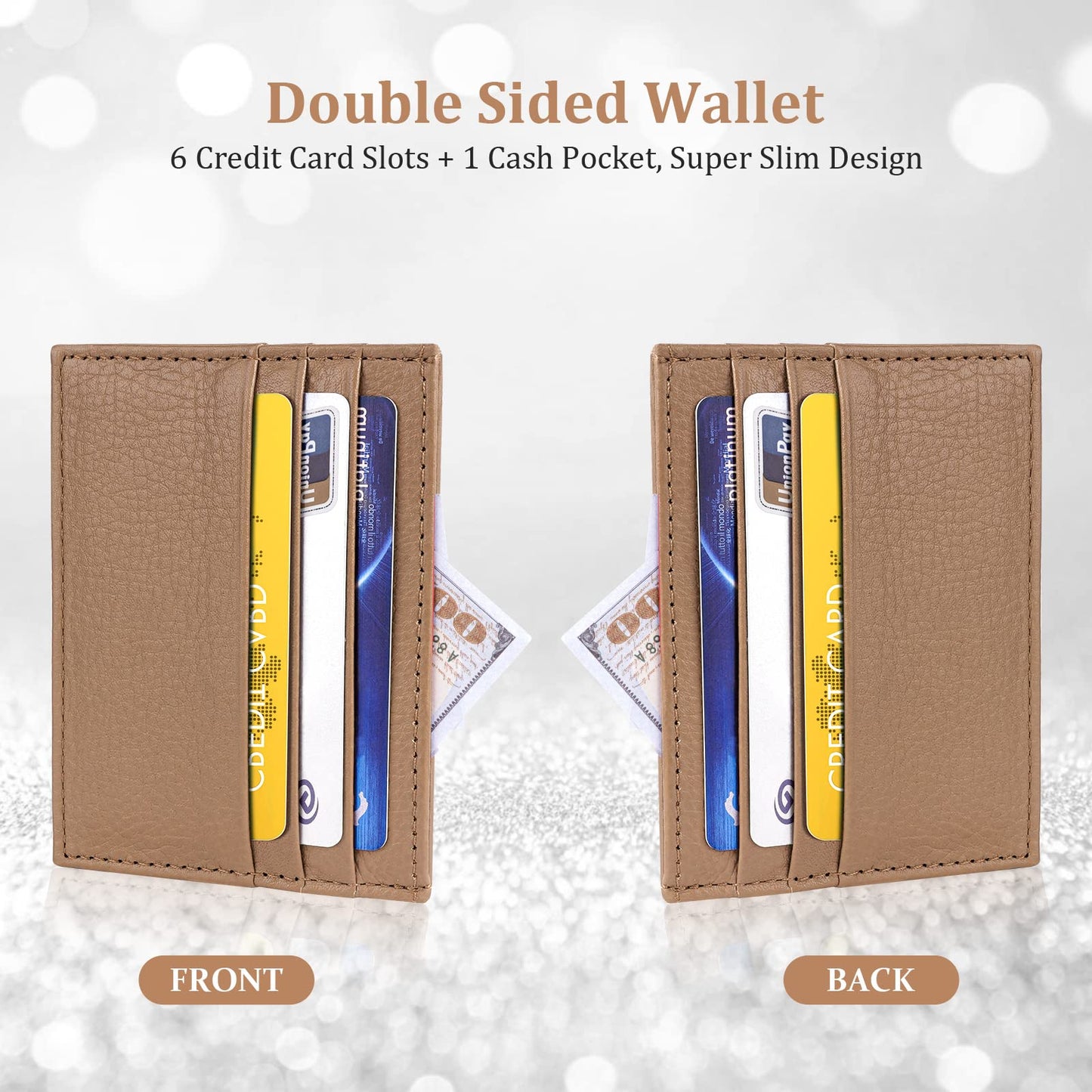 URAQT Credit Card Holder Wallet, RFID Blocking Leather Ultra Slim Wallet, Thin Minimalist Credit Card Case Card Protector, Front Pocket Wallets for Men, Women - 6 Card Slots and 1 Pockets (Brown)
