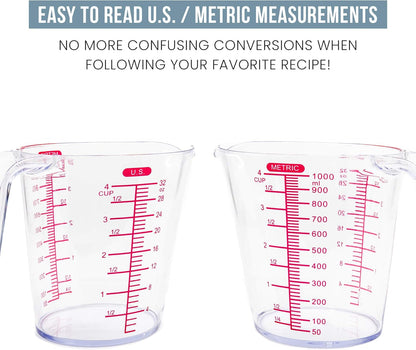 Chef Pomodoro 3-Piece Liquid Measuring Cups Set - Includes 1, 2, and 4 Cup, BPA-Free Plastic, Stackable Nesting