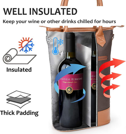 Tirrinia Insulated Wine Gift Carrier Tote - Padded 2 Bottle Wine/Champagne Cooler Bag for Portable Carrying, Gift for