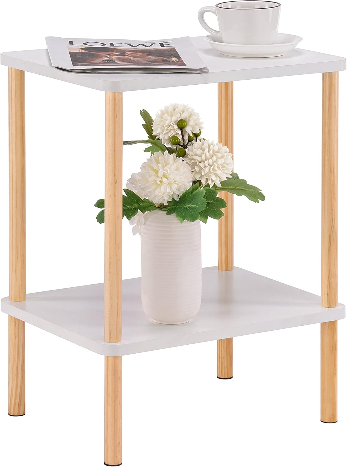 2 Apicizon Tier End Table, Small Side Table with Solid Wood Legs, Boho Bedside Table with Storage Shelf, Nightstand
