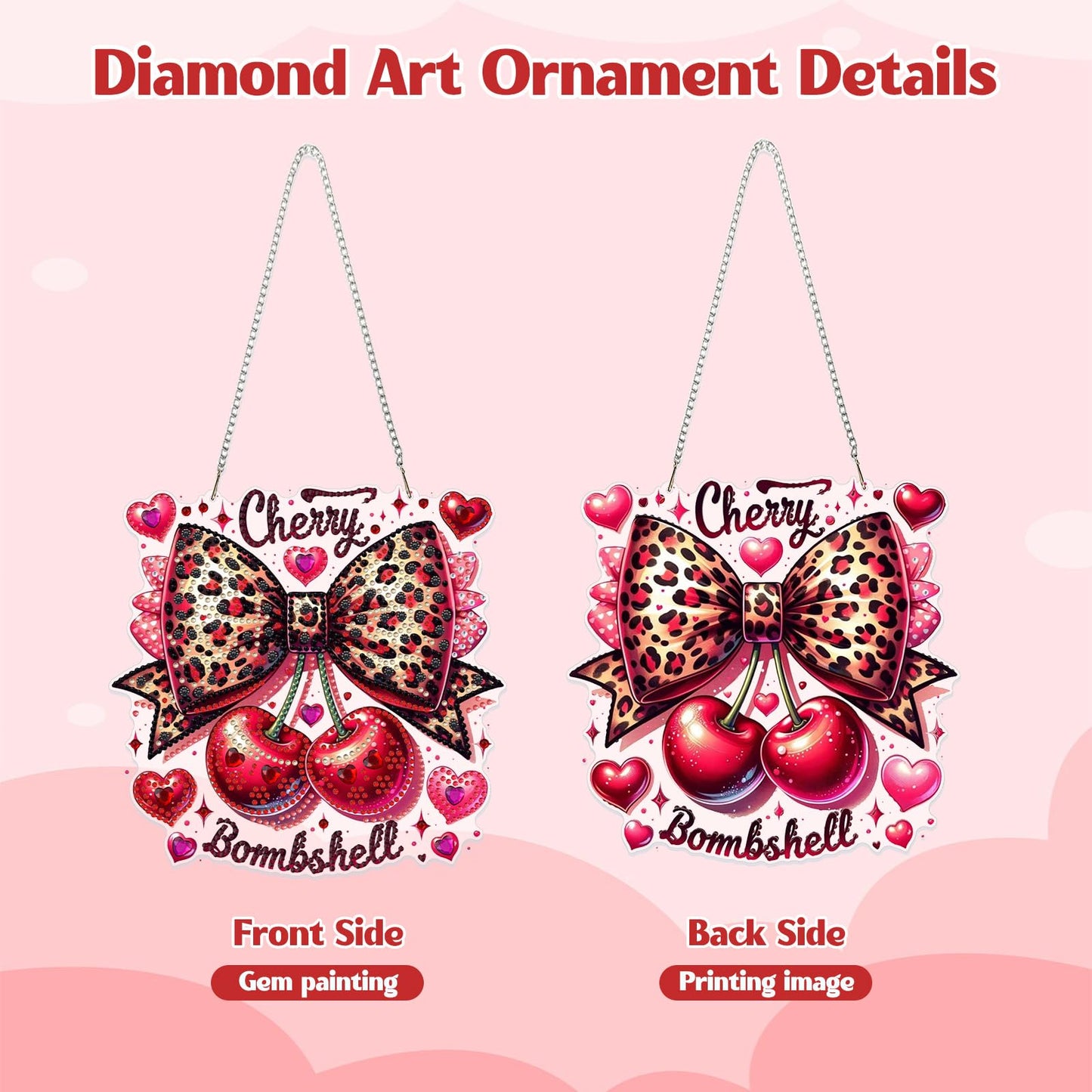GHHKUD Cherry Bow Diamond Art Hanging Kit for Adults, DIY Double Sided Diamond Painting Hanging Valentines Kits Adults, Special Shaped Acrylic Ornaments Pendants for Window Home Garden Wall