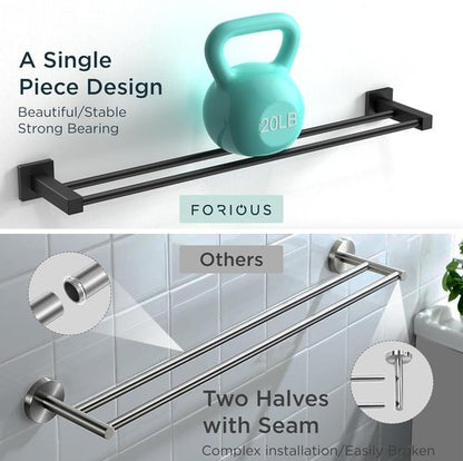 FORIOUS Double Towel Bar - 24 Inch Heavy Duty SUS304 Stainless Steel | Matte Black Finish