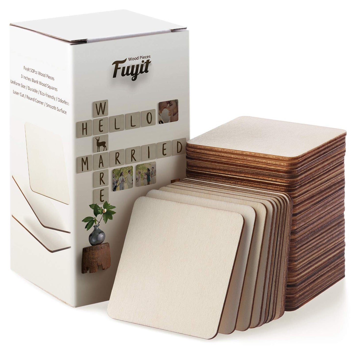Fuyit Unfinished Wood Pieces, 50Pcs 3 x 3 Inch Blank Natural Wood Square Wooden Cutouts Board for DIY Crafts Painting, Scrabble Tiles, Coasters, Decoration