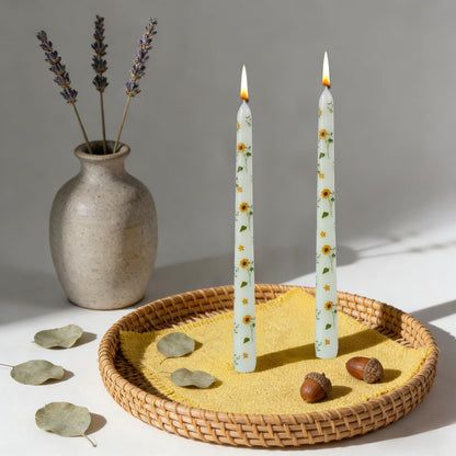 Taper Candles,10 inch 2pc Green Tapered Candles with Sunflower Printed, Unscented and Smokeless Long Burning Candles,Tall Candlesticks with Cotton Wicks,Ideal for Weddings, Home Décor