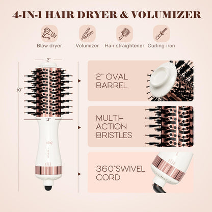 110-240V Travel Brush Hair Dryer, Small Hair Straightener Brush with European Plug Adapter for International Travel, 4 in 1 Hot Air Styler & Dryer for Drying Straightening Curling Volumizing