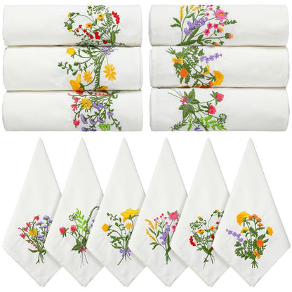 Tioncy 18 Pcs Floral Embroidery Napkins 18" Embroidery Flower Linen Cotton Napkin Bulk for Wedding Tea Cocktail Spring Flower Birthday Party Table Centerpiece Mexican Kitchen Curtain Decor (White)