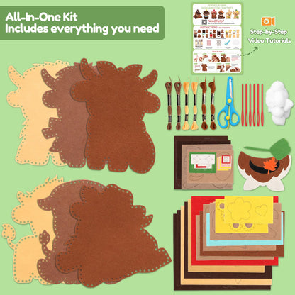 CiyvoLyeen Highland Cow Sewing Kit for Kids - Age 5 6 7 8 9 10 11 12, Beginners First Sewing Arts & Crafts with 6 PCS Stuffed Animal, All-in-One Kit, Learn to Sew Gifts Stuff for Girls Boys, Felt