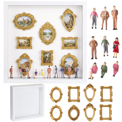 Lineshading DIY Mini Silhouette Shadow Box Museum Frame Kit with 8 Gold Mini Frames and 9 Figurines, Personalized Memory Collage for Anniversary Wedding Birthday Home Decor(White)