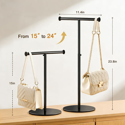 niffgaff T Bar Purse Display Stand Tabletop: Adjustable Height Handbag Holder, Countertop Hanging Rack for Long Necklace Scarf Lanyard, Black