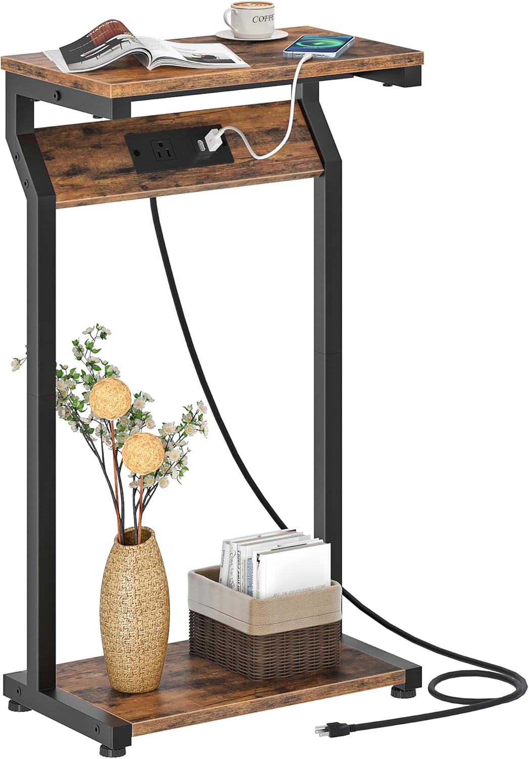27" TBZ27UBF CHOEZON Narrow Side Table with Charging Station, Skinny End Table for Small Spaces, Couch Table