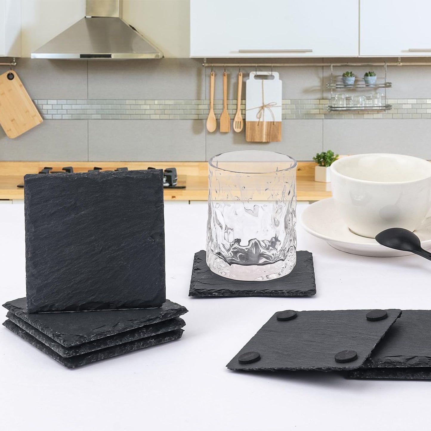 30 Pack 4 Inch Square Slate Coasters,Black Stone Coasters with Anti-Scratch Bottom, Ideal for Home Decor, Bar, Housewarming Gifts, and Laser Engraving KUKLIPJIM