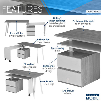 Adjustable L-Shaped Computer Desk with Rolling Tabletop for Multiple Configurations, Two-Drawer Cabinet, and Sturdy Steel Legs – Space-Saving, Ergonomic Design for Home Office or Workspace, Grey