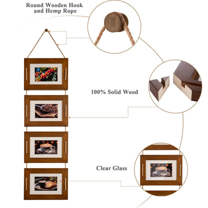 DLQuarts 5x7 Hanging Collage Picture Frames Wall Decor, 4-Opening 5x7 Matted to 3.5x5 Photo Rustic Wood Frame with Hemp Rope, 1 Pack, Dark Walnut