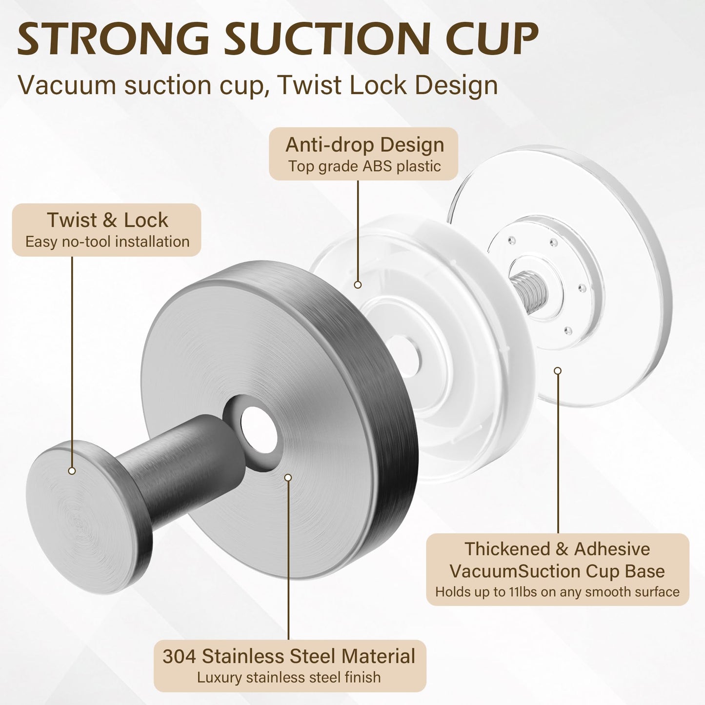 Ninth Five Suction Cup Hooks for Shower, Bathroom Wall Door Hooks for Towels, Robes, Loofahs Hanging, Removable Suction Towel Hook for Tile Glass Mirror, No Drill(4 Pack, Silver)