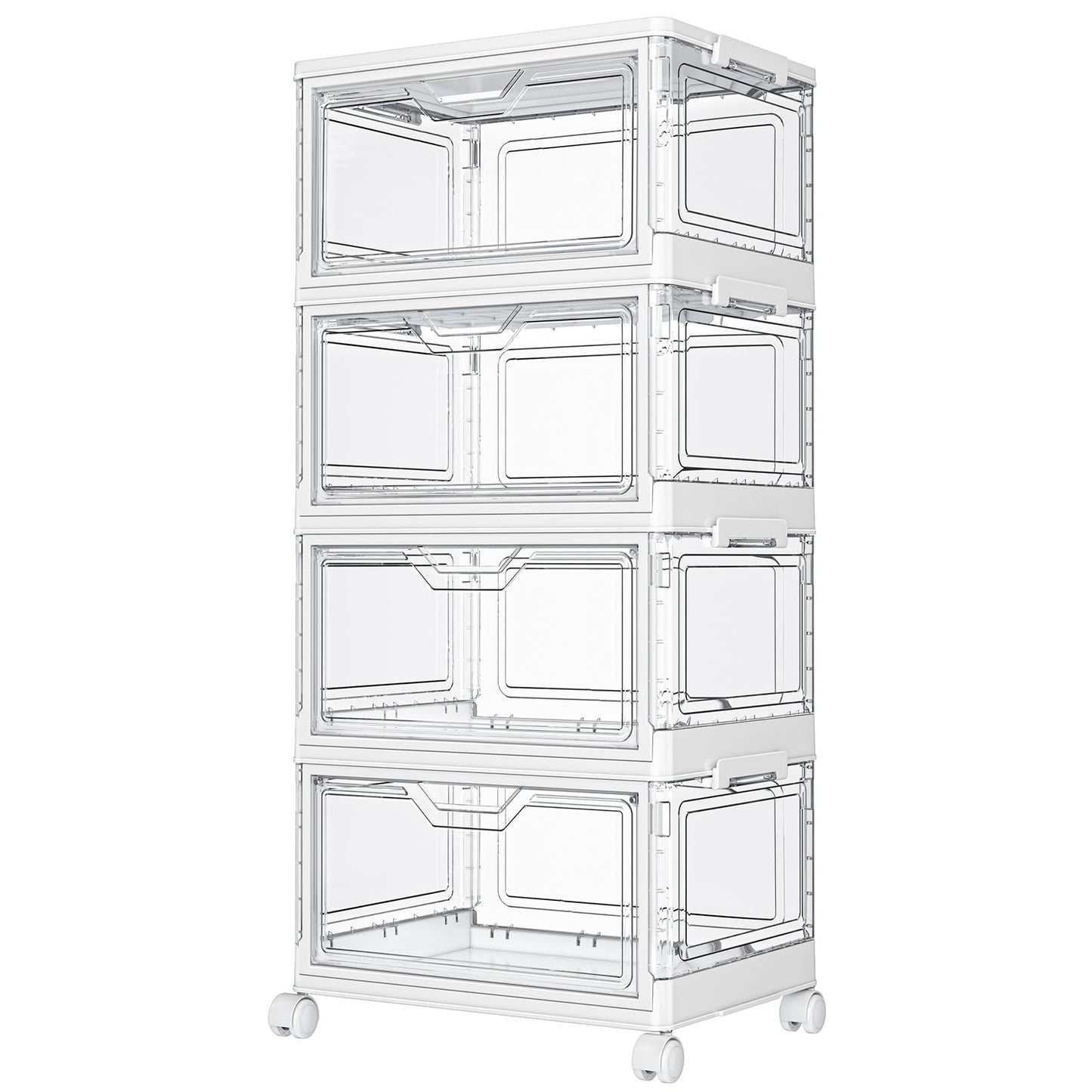 Kmiectse Clear Storage Bins with Lids - 4 Tier Plastic Bins with Wheels, Stackable Storage Bin, Closet Organizers Box for Bedroom, Living Room, 23 QT Folding Box with Magnetic Door