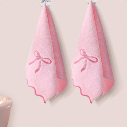 SmoothNovelty 2 Pcs Fingertip Towels for Bathroom 12 x 18 Inch Small Fingertip Towels with Scalloped Pink Bow Design Embroidery Coquette Bow 100% Cotton Soft Absorbent Guest and Housewarming Gift