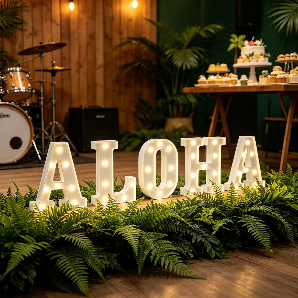 CDIXlmuz ALOHA Lights Up Letters Set – 8.6 in Battery Operated Plastic Led Marquee Light Sign for Hawaiian Luau Party Decorations, Tropical Summer Birthday – 5 Pack (A, H, O, H, A) (White)