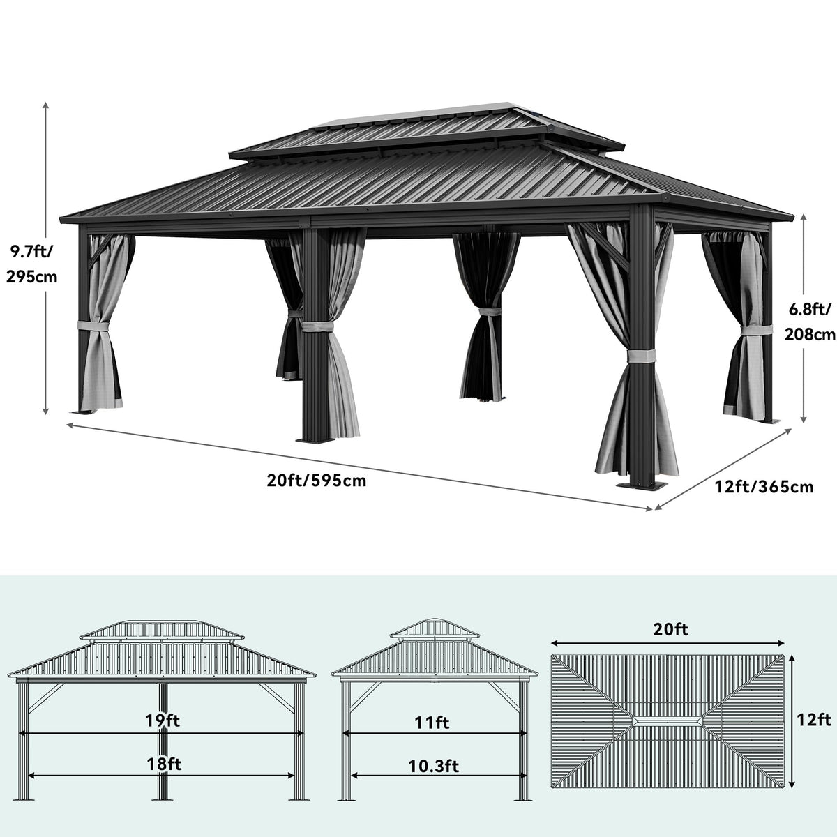 YITAHOME 12X20FT Hard Top Metal Gazebo Patios Double Roof Canopy Aluminum Frame Garden Gzebo Tent Curtains Netting for Patios Backyards Decks Lawns