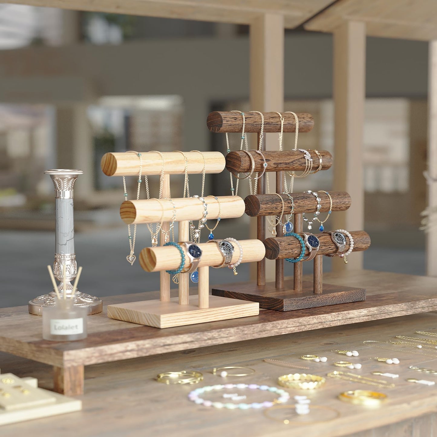 ProCase Bracelet Holder Display Bracelet Organizer, Wooden Bracelet Stand for Selling, T-bar Bangle Storage Rack Wood Watch Display Tower for Business - 3 Tier, Nature