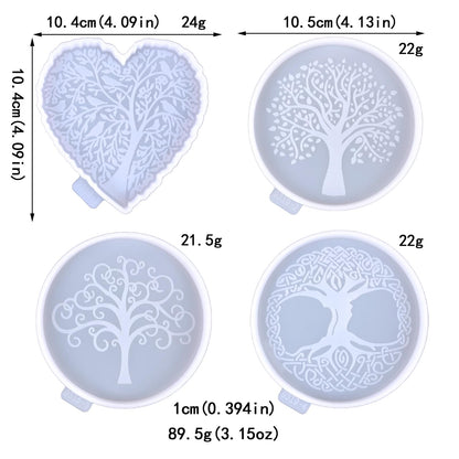 Tree of Life Silicone Resin kit, Round and Heart Coaster Resin molds Silicone, 4-Piece Epoxy Molds for Cup Mats, Table Decorations