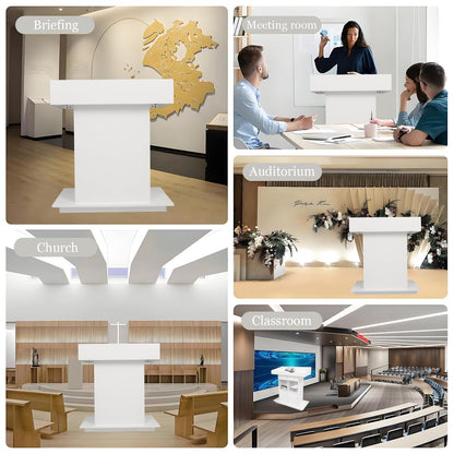 Podiums Standing Wooden Podium Teacher Podium Suitable for Weddings Churches Lecture Halls and classrooms with Three-Tier Storage Shelves,White,L39.4″×W19.6″×H44.3″