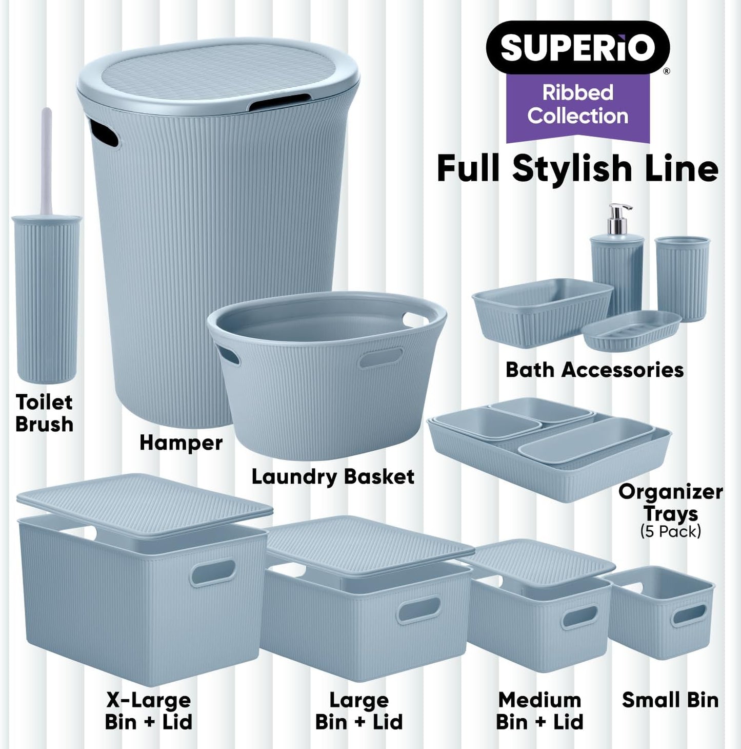 Superio Ribbed Collection Decorative Plastic Open Storage Bins, Blue (Set of 3), 1 Large, 2 Medium for Organizing
