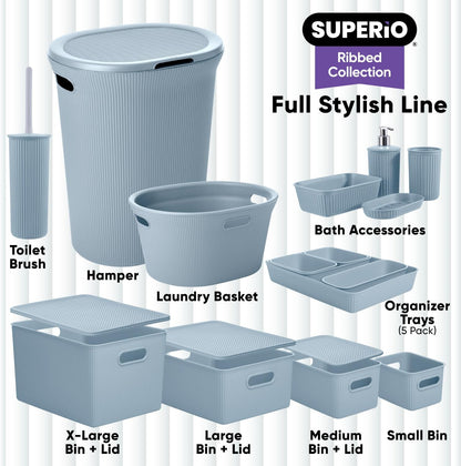 Superio Ribbed Collection Decorative Plastic Open Storage Bins, Blue (Set of 3), 1 Large, 2 Medium for Organizing