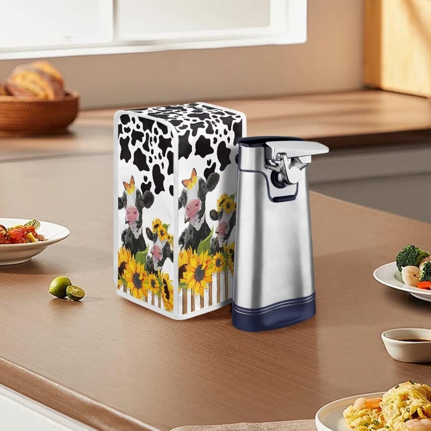 Cow Sunflower Print Can Opener Cover - Washable Electric Dust Cover for Kitchen Home Decor Accessories