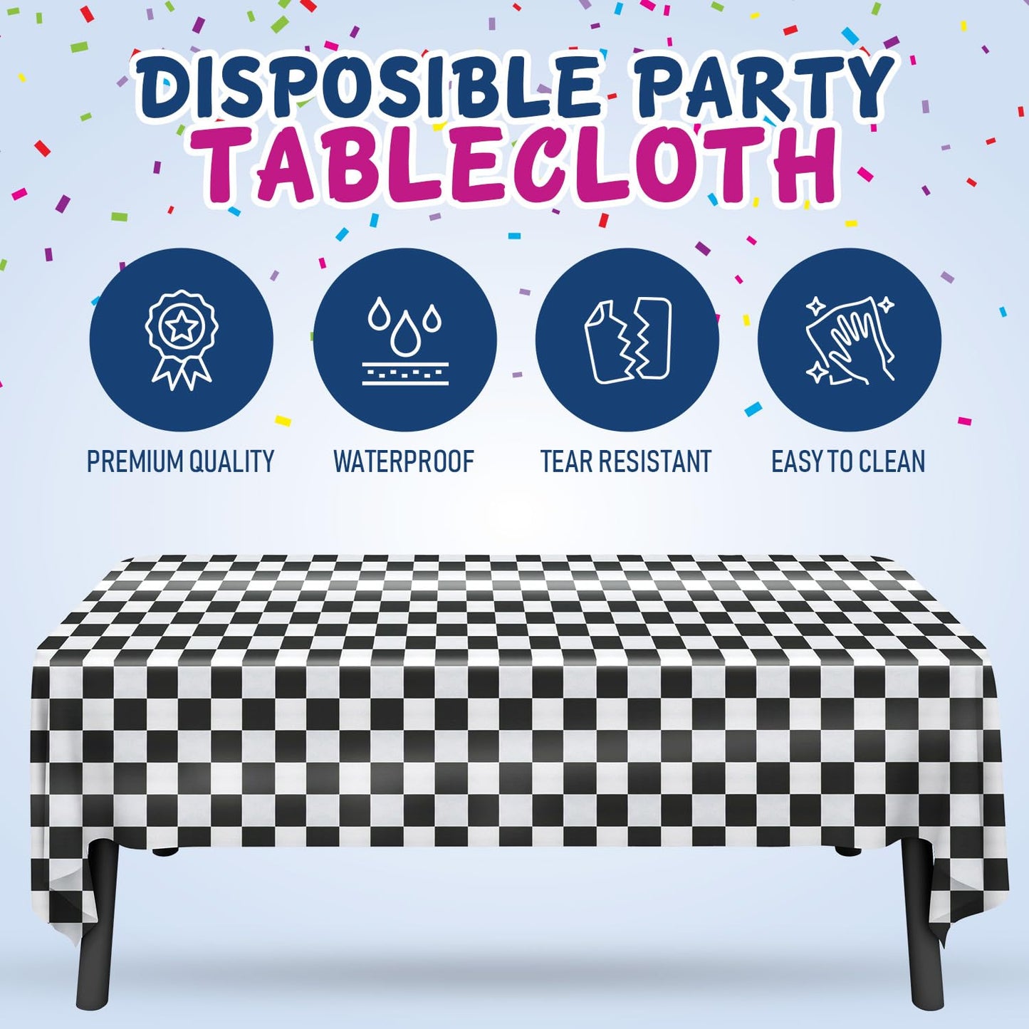 Clearly White and Black Checkered Plastic Tablecloth Roll with Cutter, 423 Sq.Ft (52"x1181") Extra Large Disposable Plastic Table Cloth for Parties, Events and Outdoor Gatherings