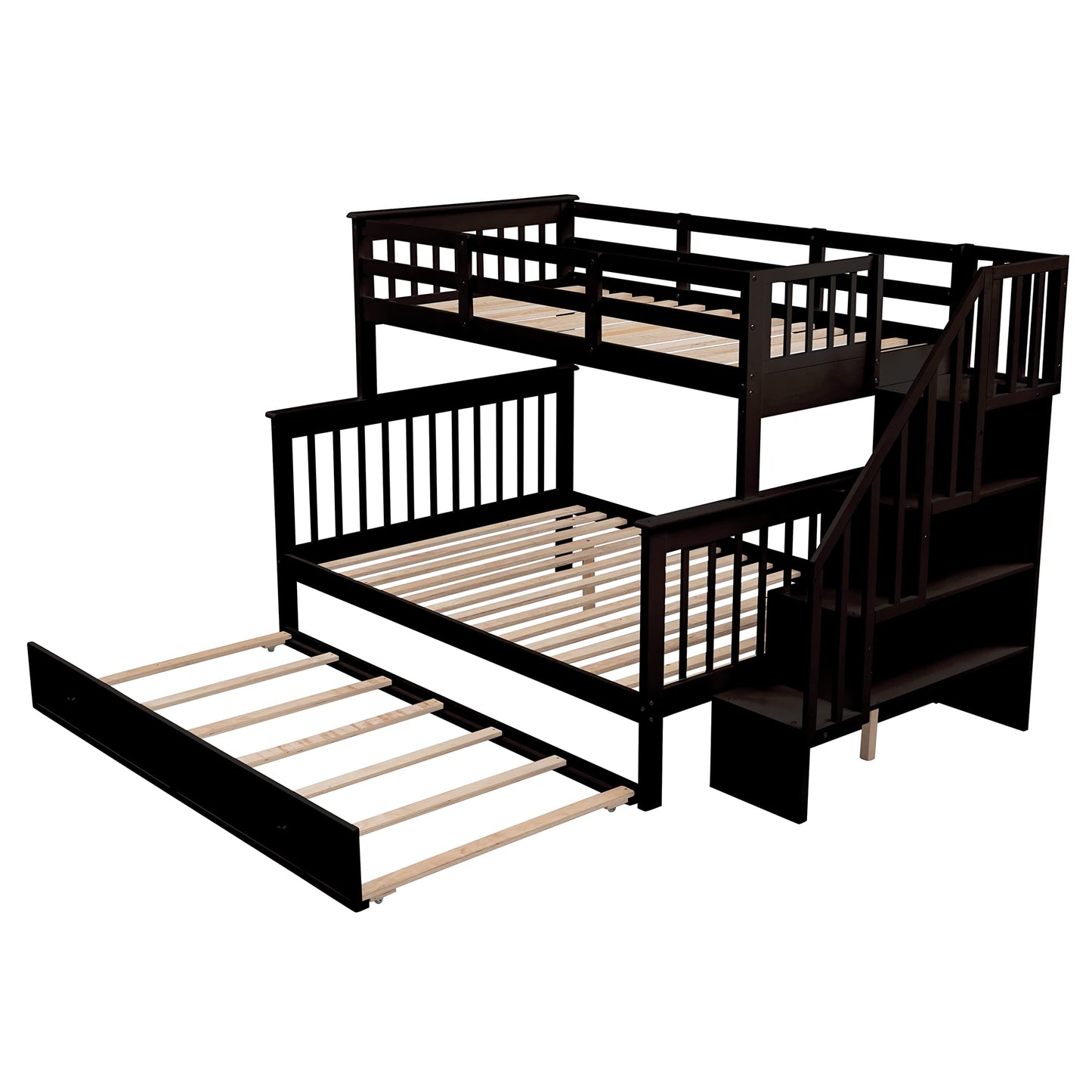 Merax Stairway Twin-Over-Full Bunk Bed with Twin Size Trundle, Storage and Guard Rail for Bedroom, Dorm, for Adults, Espresso