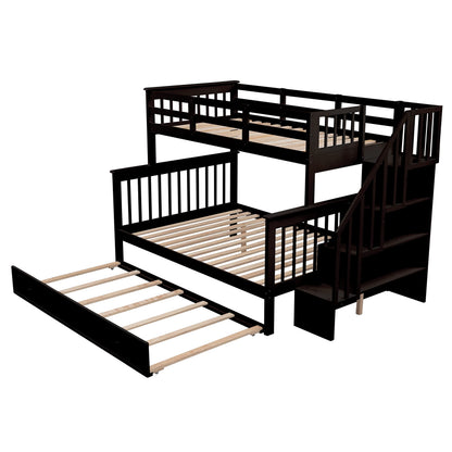 Merax Stairway Twin-Over-Full Bunk Bed with Twin Size Trundle, Storage and Guard Rail for Bedroom, Dorm, for Adults, Espresso