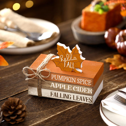 FairySandy 4 Pcs Thanksgiving Decorations for Home Fall Tiered Tray Decor Wood Book Stack with Sign Autumn Stacked Book Decor Bundle for Office Table Shelf Decorative Trays(Maple Leaf)