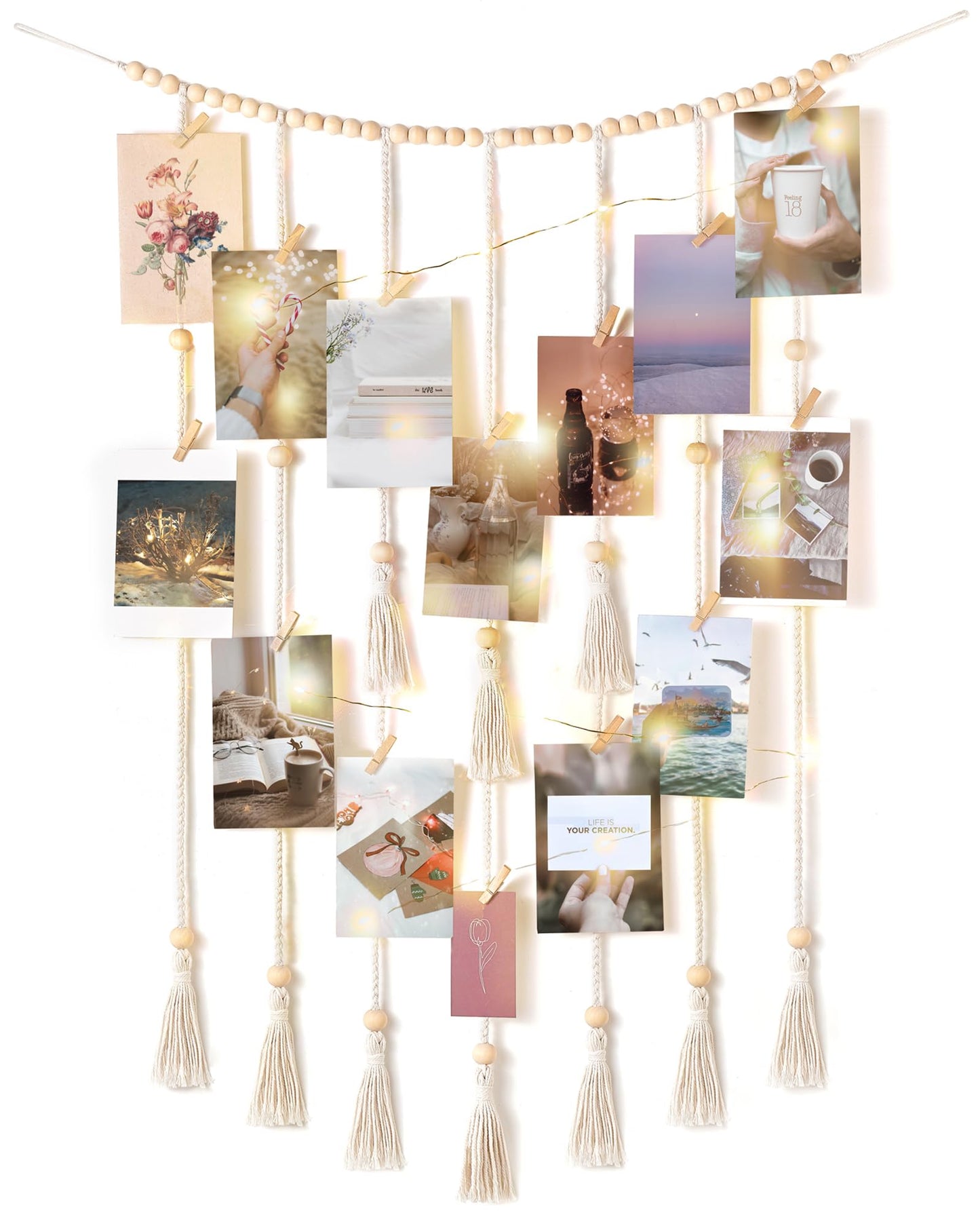 Mkono Macrame Hanging Photo Display Wall Decor with String Lights Boho Room Bedroom Wooden Beads Garland Picture Greeting Cards Holder with 30 Clips