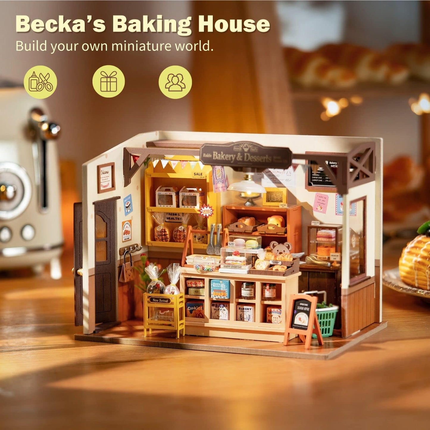 Rolife DIY Miniature Doll House Kit, Build Becka's Bakery Diorama House Building Set with LED Room Hobby Craft for Aduls Uniue Gifts for Adults