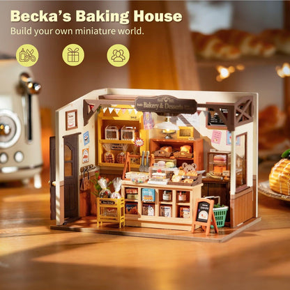 Rolife DIY Miniature Doll House Kit, Build Becka's Bakery Diorama House Building Set with LED Room Hobby Craft for Aduls Uniue Gifts for Adults